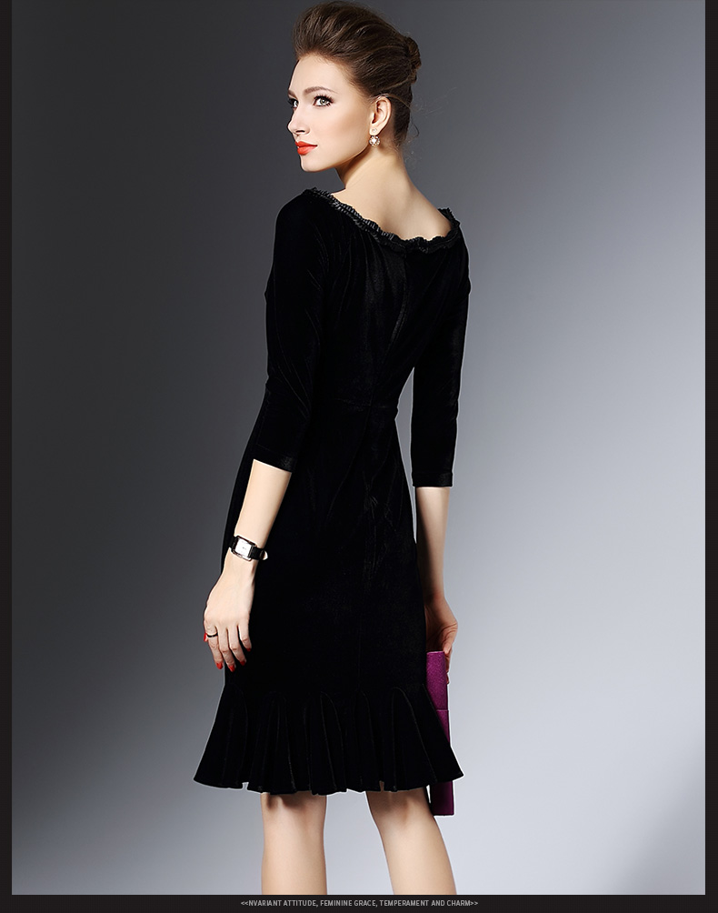 SZ60039 Black Velvet Flounce Bateau Boat Neck Midi Dress